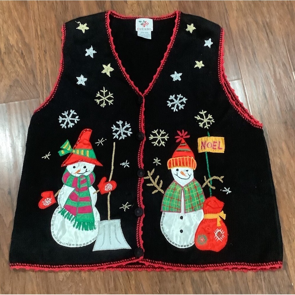Christmas Vest Nutcracker Brand Snowman Sweater Appliqué Women's XL Vtg 90's